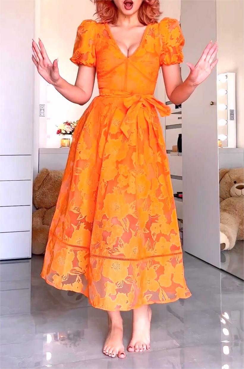 Orange Lace V Neck Dress