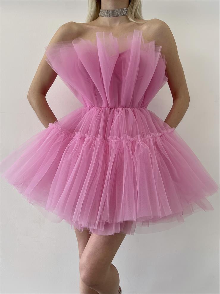 Halo Light Peach Tulle Ruffle Mini Dress