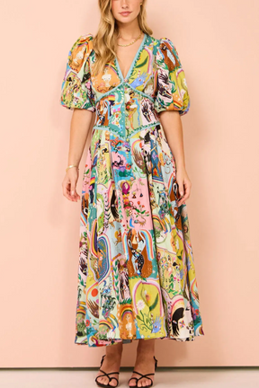 PRINTED PUFF SLEEVES V-NECK MIDI DRESS