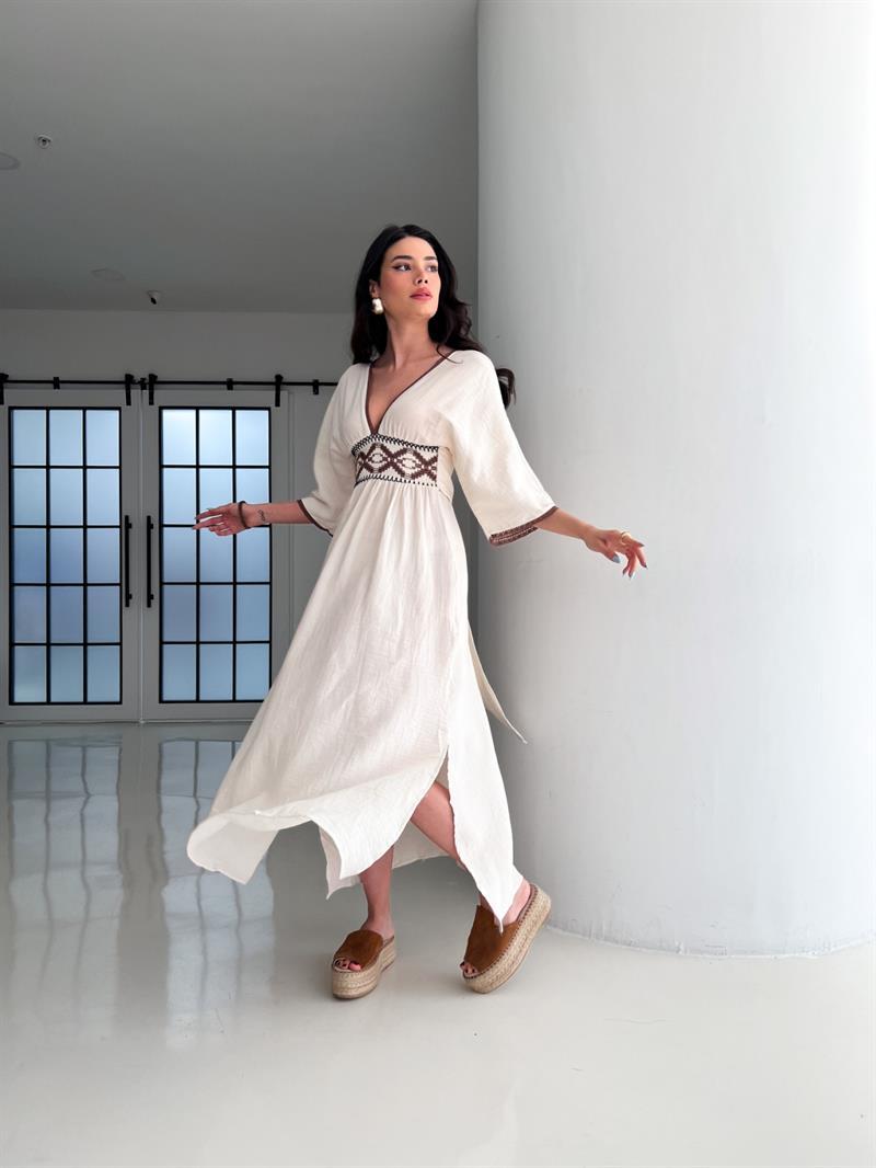V-NECK CASUAL KNITTED EDGE LINEN MAXI DRESS