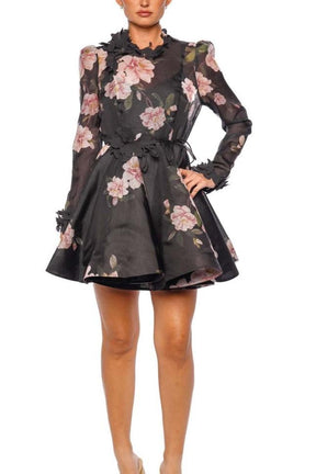 3D FLOWER SPRING BLACK MINI DRESS