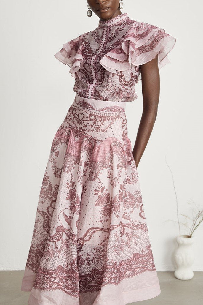 SILK RUFFLED PINK FLORAL MAXI DRESS