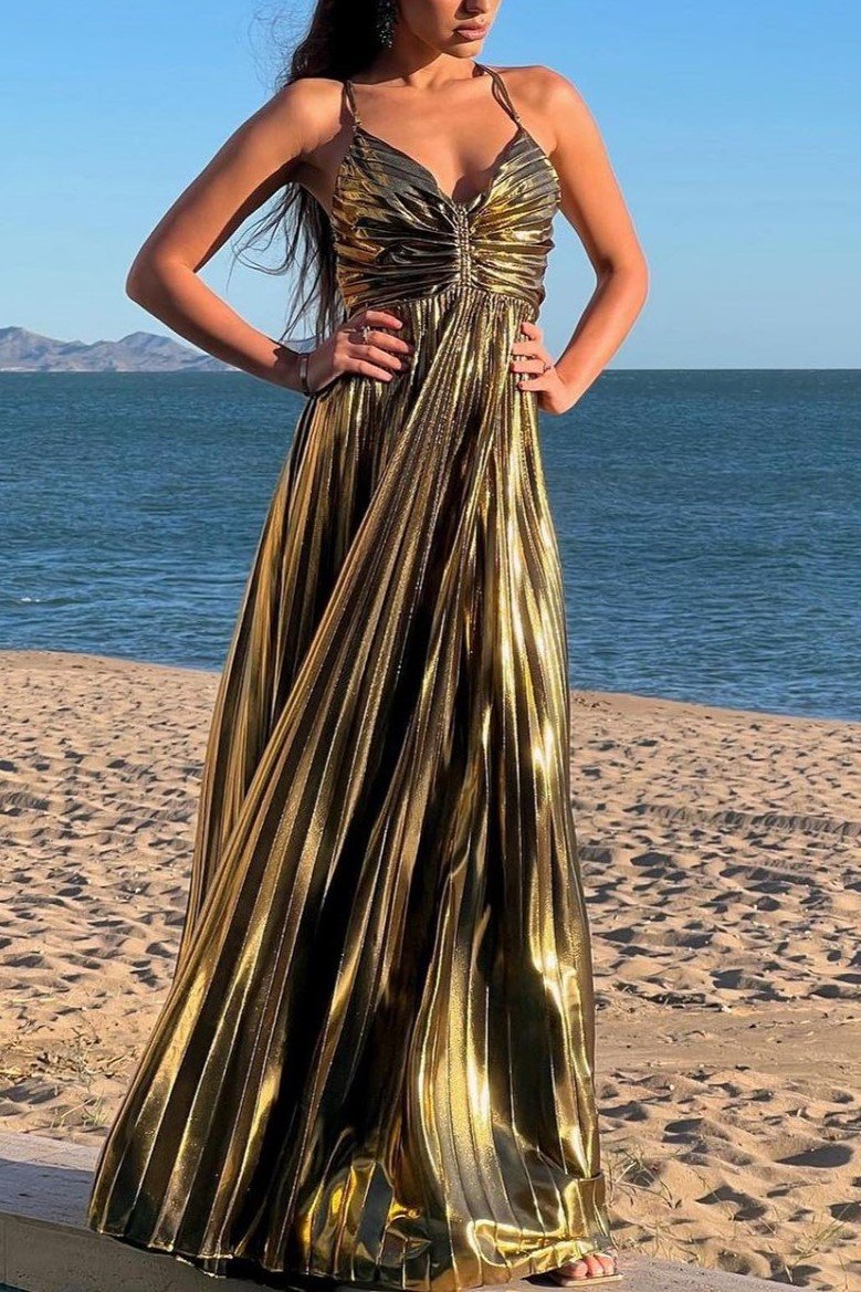 GOLD PLEATED SUSPENDER DRESS