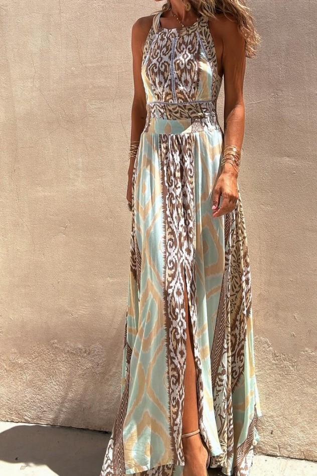 KALENA LIGHT BLUE BROWN MAXI DRESS