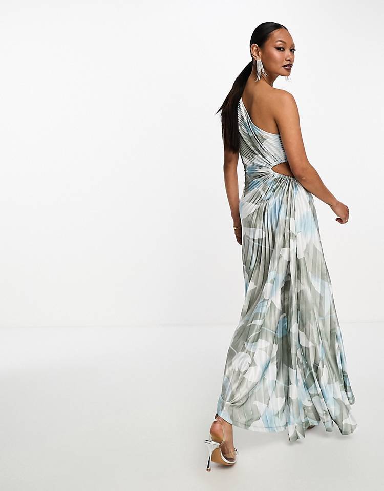 ONE SHOULDER SILVER FLOWER MIDI DRESS