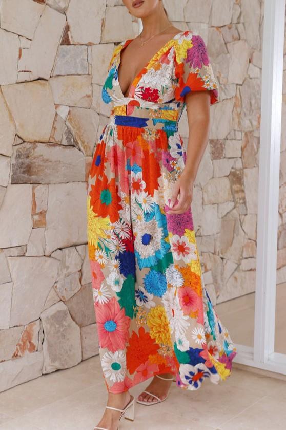 FLOWER EMBROIDERED V-NECK MAXI DRESS