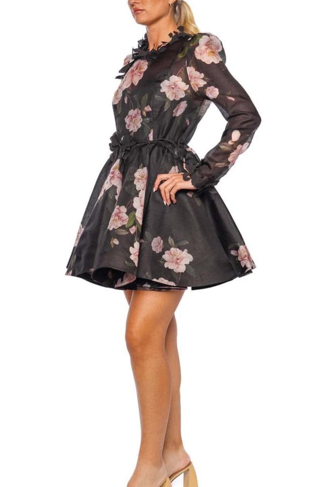 3D FLOWER SPRING BLACK MINI DRESS