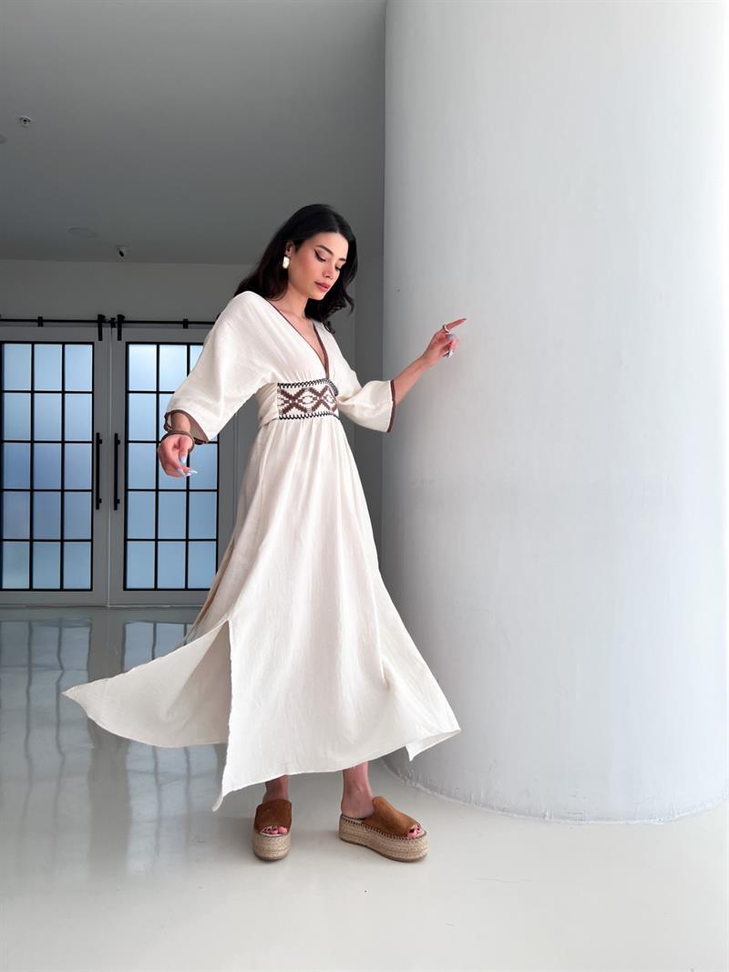V-NECK CASUAL KNITTED EDGE LINEN MAXI DRESS