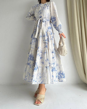 INK PRINT TIE LONG SLEEVE MAXI DRESS