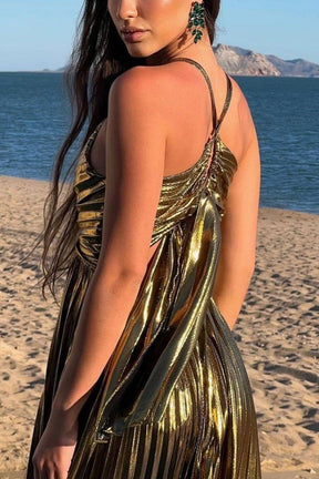 GOLD PLEATED SUSPENDER DRESS