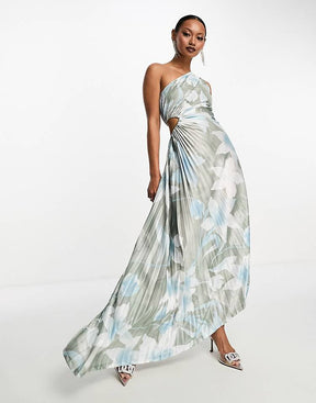 ONE SHOULDER SILVER FLOWER MIDI DRESS