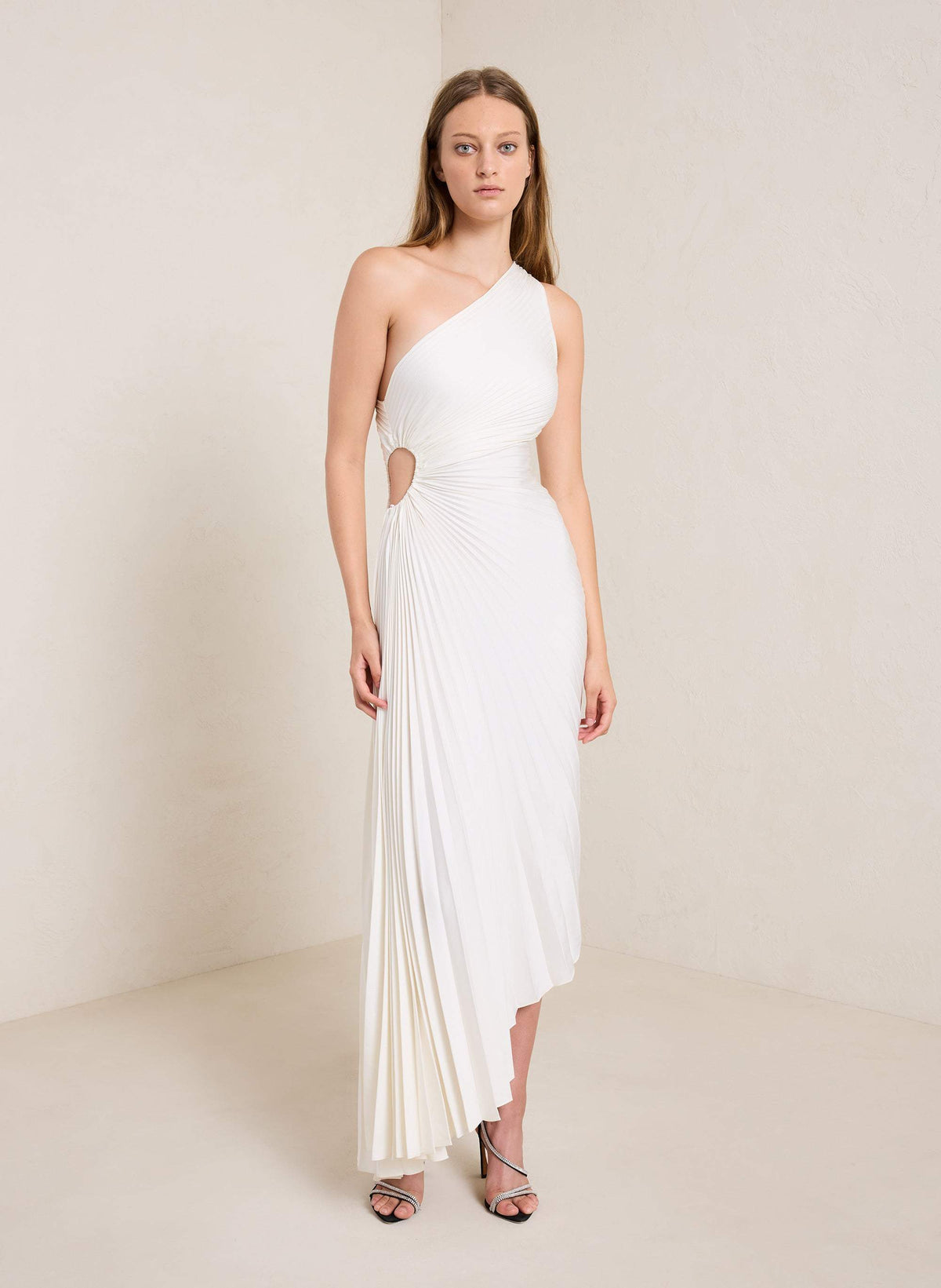 PLEATED ONE-SHOULDER MIDI DRESS