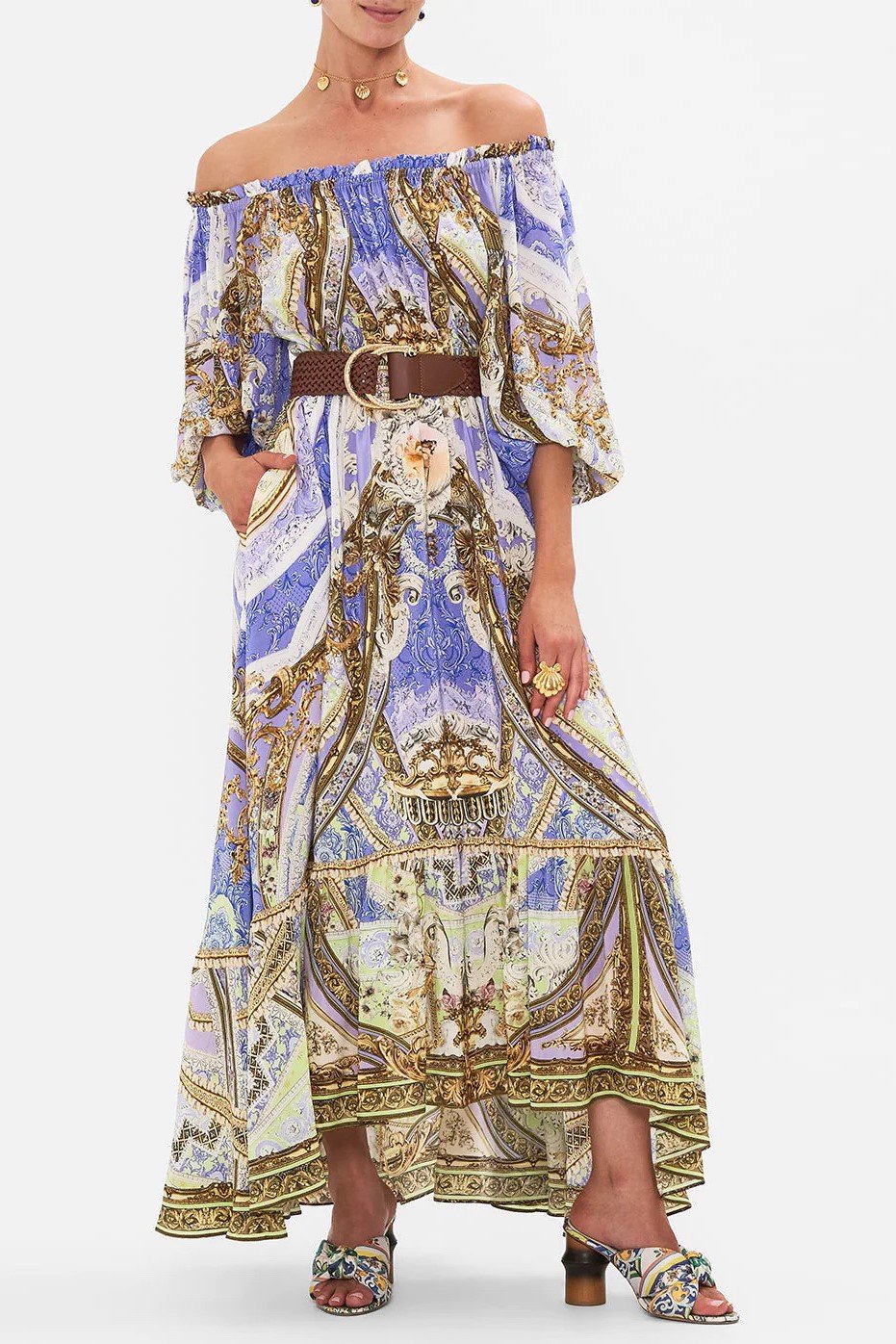 OFF-THE-SHOULDER SILK VINTAGE EMBROIDERY MAXI DRESS
