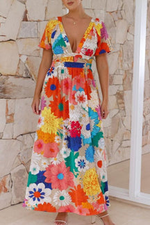 FLOWER EMBROIDERED V-NECK MAXI DRESS