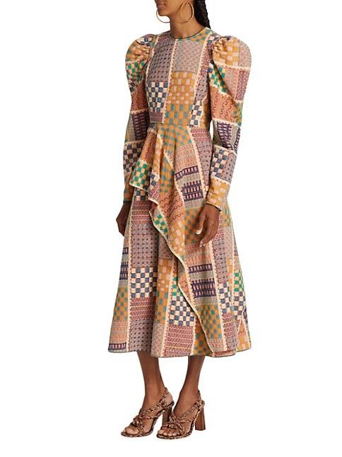 PATCHWORK PRINTED LONG-SLEEVE MIDI DRESS