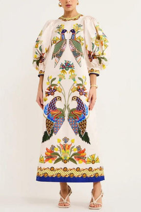 PEACOCK PRINT PUFF SLEEVE MAXI DRESS