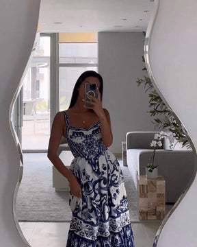 BLUE AND WHITE SLING MAXI DRESS