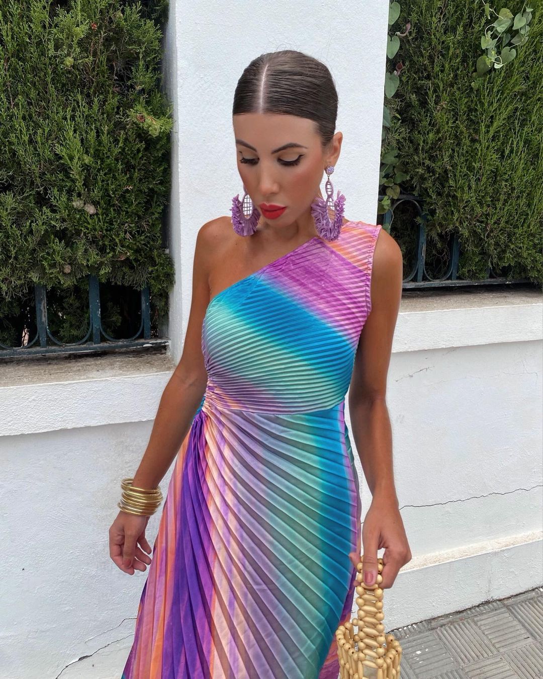 COLORFUL ONE SHOULDER PLEATED MIDI DRESS
