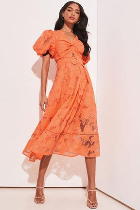 Orange Lace V Neck Dress