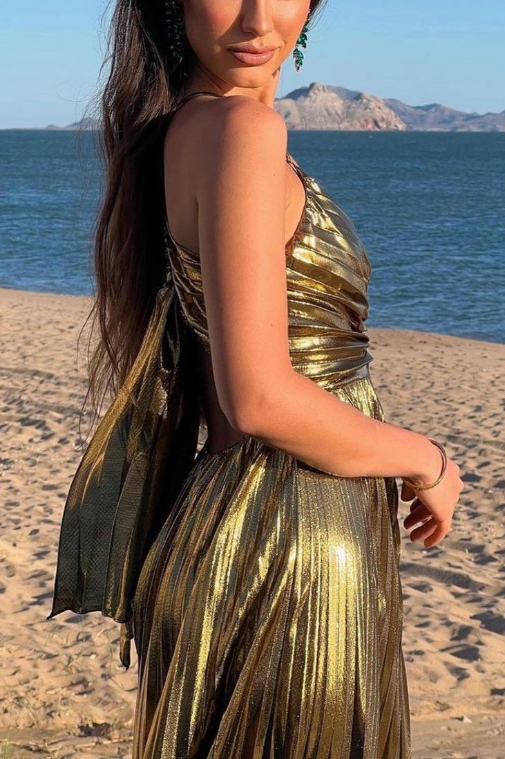 GOLD PLEATED SUSPENDER DRESS