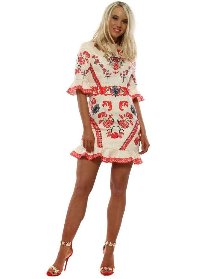 RED EMBROIDERED MINI DRESS