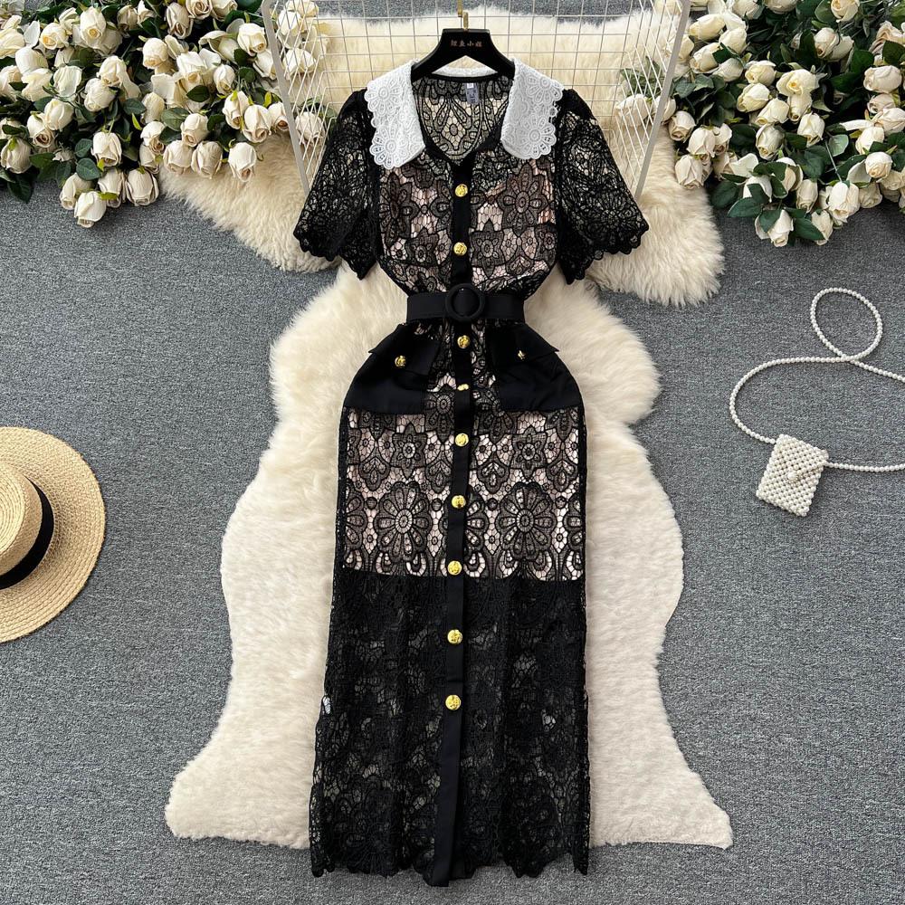 LACE CROCHET EMBROIDERY DOUBLE LAYER MIDI DRESS