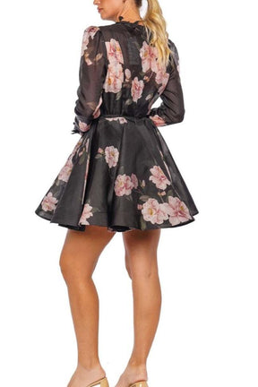 3D FLOWER SPRING BLACK MINI DRESS