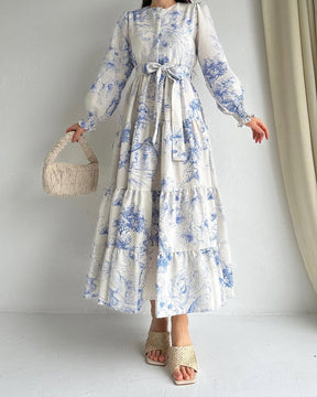 INK PRINT TIE LONG SLEEVE MAXI DRESS