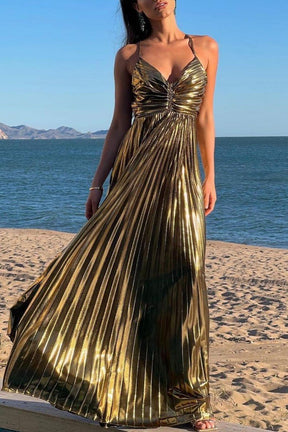 GOLD PLEATED SUSPENDER DRESS