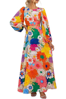 FLOWER EMBROIDERED ROUND NECK MAXI DRESS