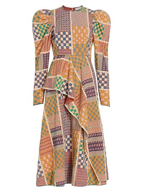 PATCHWORK PRINTED LONG-SLEEVE MIDI DRESS