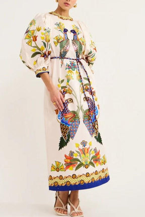 PEACOCK PRINT PUFF SLEEVE MAXI DRESS