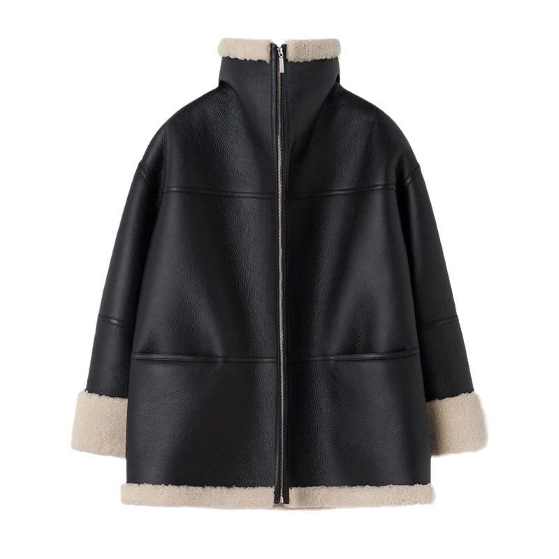 LEATHER AND FUR COLLAR COMPOSITE JACKET