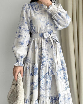 INK PRINT TIE LONG SLEEVE MAXI DRESS