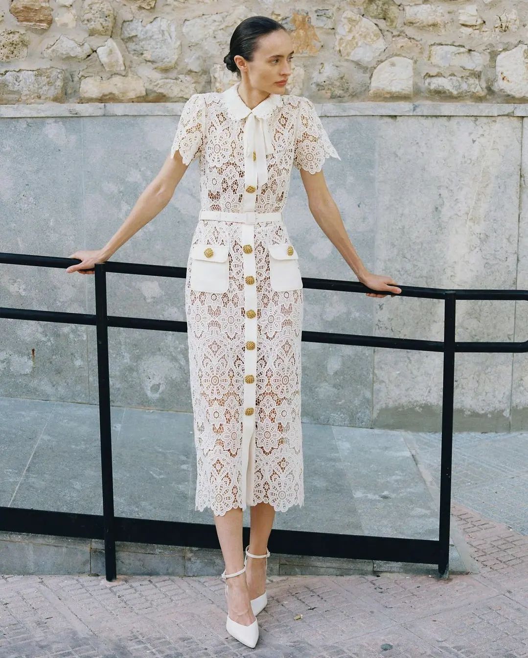 LACE CROCHET EMBROIDERY DOUBLE LAYER MIDI DRESS