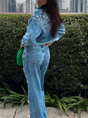 S121202 FASHION FLORAL DENIM SUIT