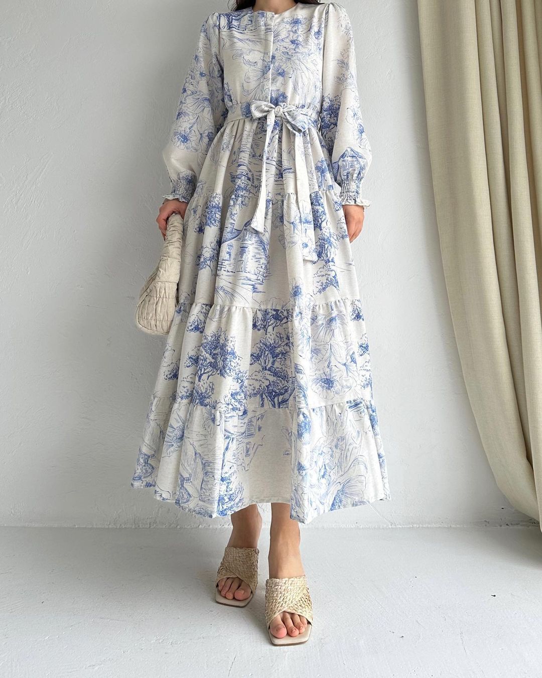 INK PRINT TIE LONG SLEEVE MAXI DRESS