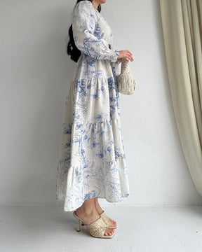 INK PRINT TIE LONG SLEEVE MAXI DRESS