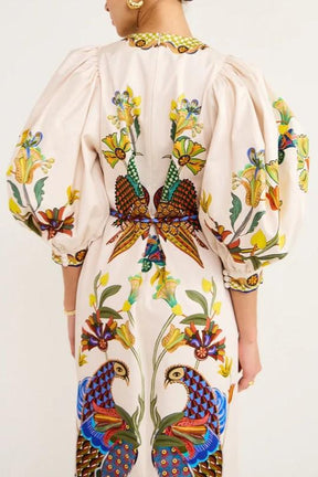 PEACOCK PRINT PUFF SLEEVE MAXI DRESS