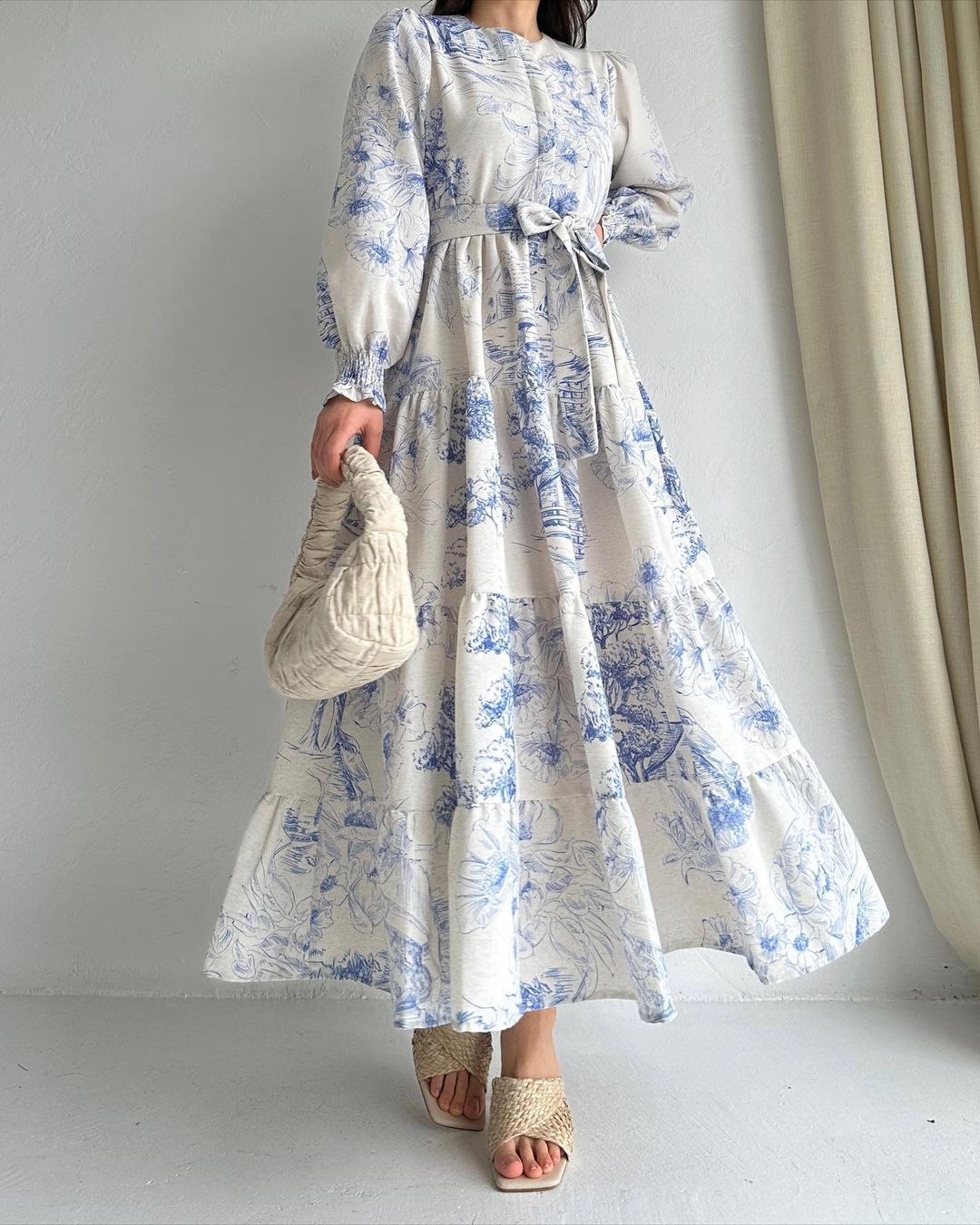 INK PRINT TIE LONG SLEEVE MAXI DRESS