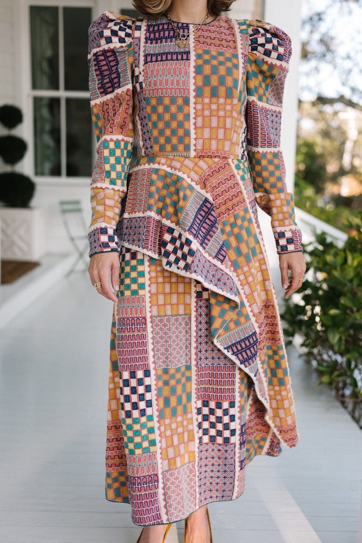 PATCHWORK PRINTED LONG-SLEEVE MIDI DRESS