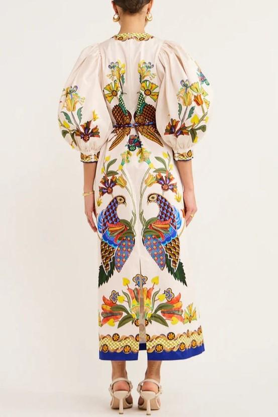 PEACOCK PRINT PUFF SLEEVE MAXI DRESS