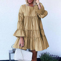 SOLID COLOR LONG SLEEVE CASUAL MIDI DRESS