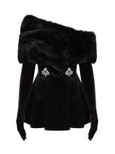 Velvet Diamond Embellished Off-shoulder Dress with Detachable Fur Collar and Gloves