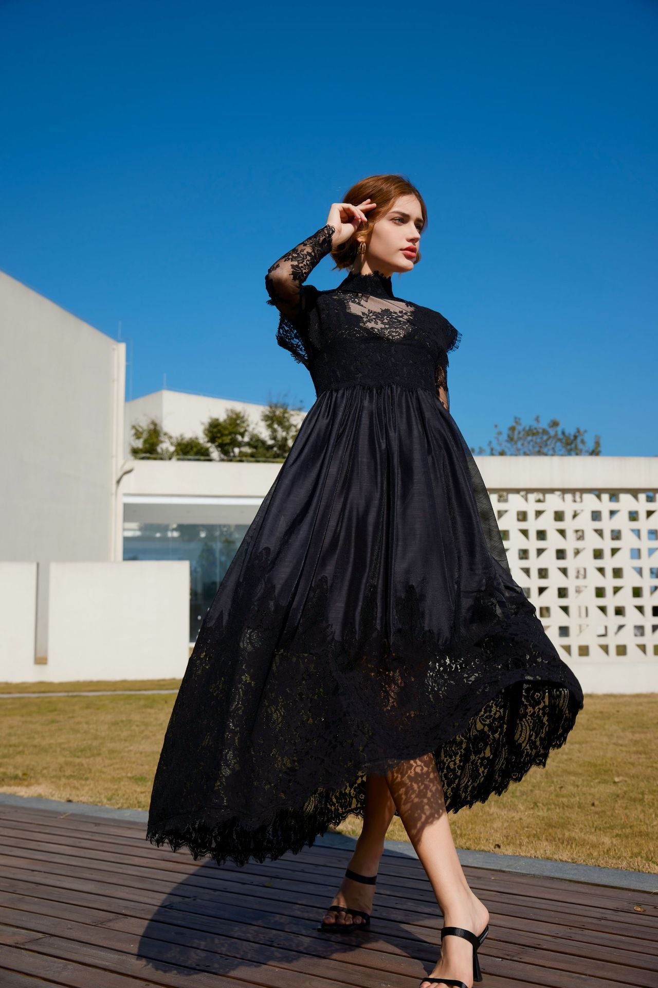 LONG SLEEVE LACE HALF TURTLENECK MAXI DRESS