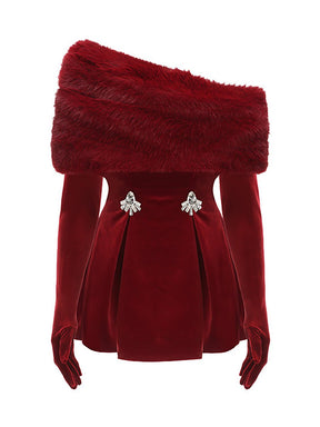 Velvet Diamond Embellished Off-shoulder Dress with Detachable Fur Collar and Gloves