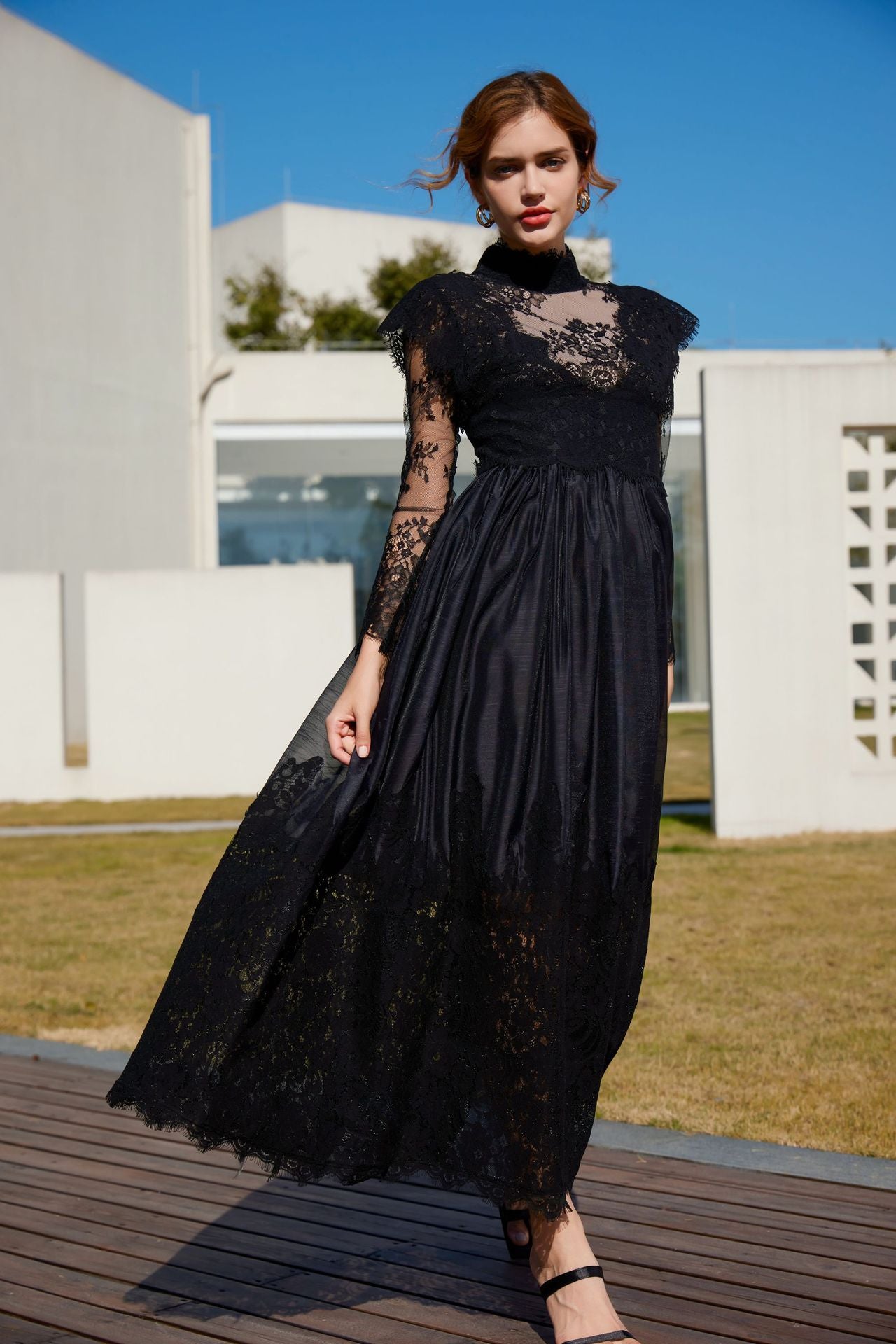 LONG SLEEVE LACE HALF TURTLENECK MAXI DRESS