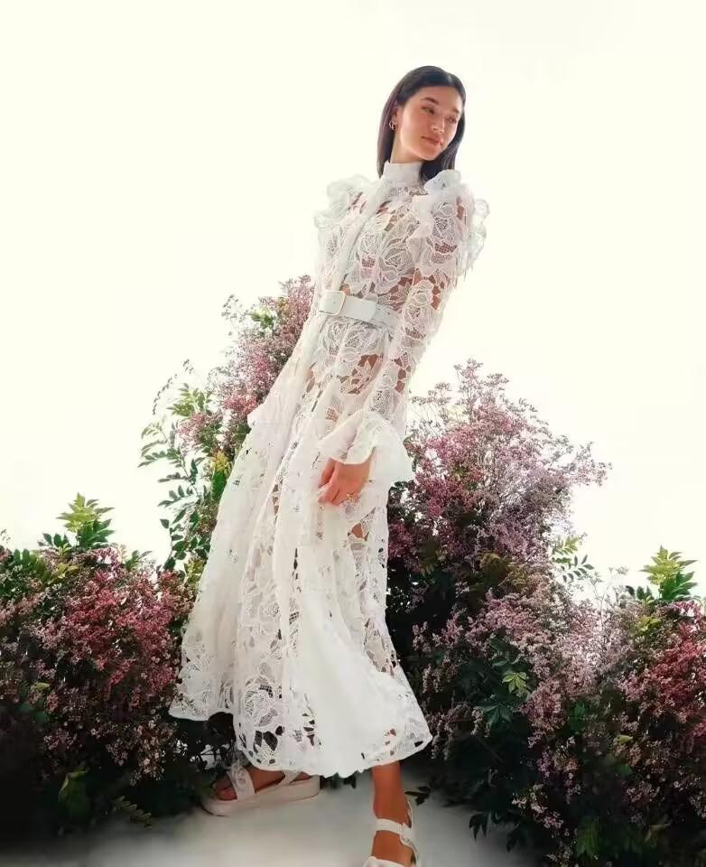 EMBROIDERED CUTOUT WHITE MAXI DRESS WITH BELT