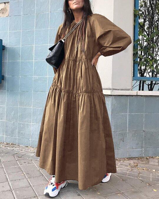SOLID COLOR LONG SLEEVE CASUAL MAXI DRESS