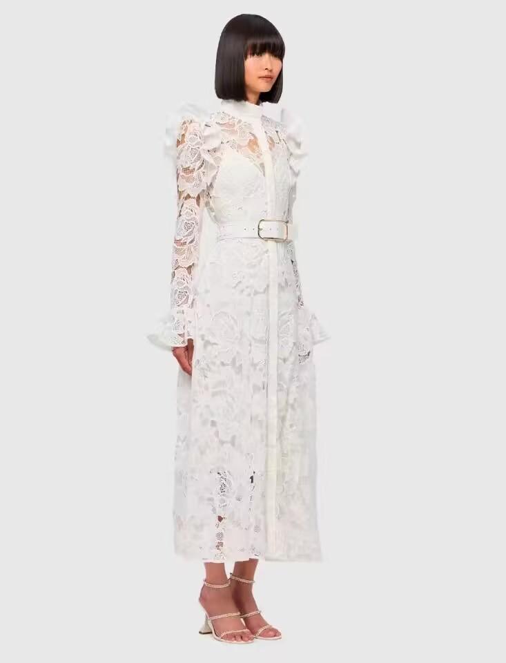 EMBROIDERED CUTOUT WHITE MAXI DRESS WITH BELT